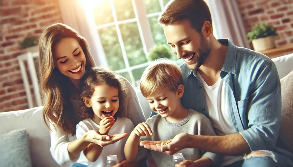 happy parents with 2 kids taking pills